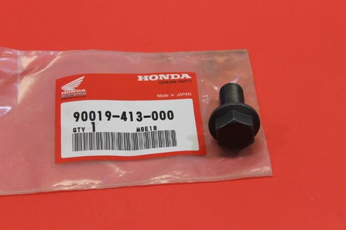Black hexagonal automotive plug placed next to a Honda Genuine Parts bag labeled 90019-413-000, Made in Japan, on a red background.