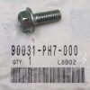 Metal hex bolt with washer-like head resting on a plastic bag labeled 90031-PH7-000, quantity 1, barcode beneath.