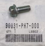 Metal hex bolt with washer-like head resting on a plastic bag labeled 90031-PH7-000, quantity 1, barcode beneath.
