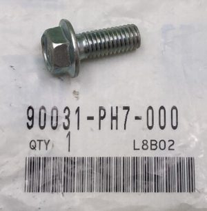 Metal hex bolt with washer-like head resting on a plastic bag labeled 90031-PH7-000, quantity 1, barcode beneath.