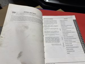 IMG_2154 Open manual showing 'Important Safety Notice' on left and a contents table on the right, dated April 1986.