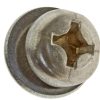 Close-up of a rusty metal bolt head with a cracked, square-shaped recess surrounded by a circular flange (damaged fastener).