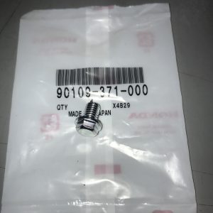 Close-up of a silver bolt resting on a white plastic bag with a large barcode and the code 90109-371-000 beneath it.