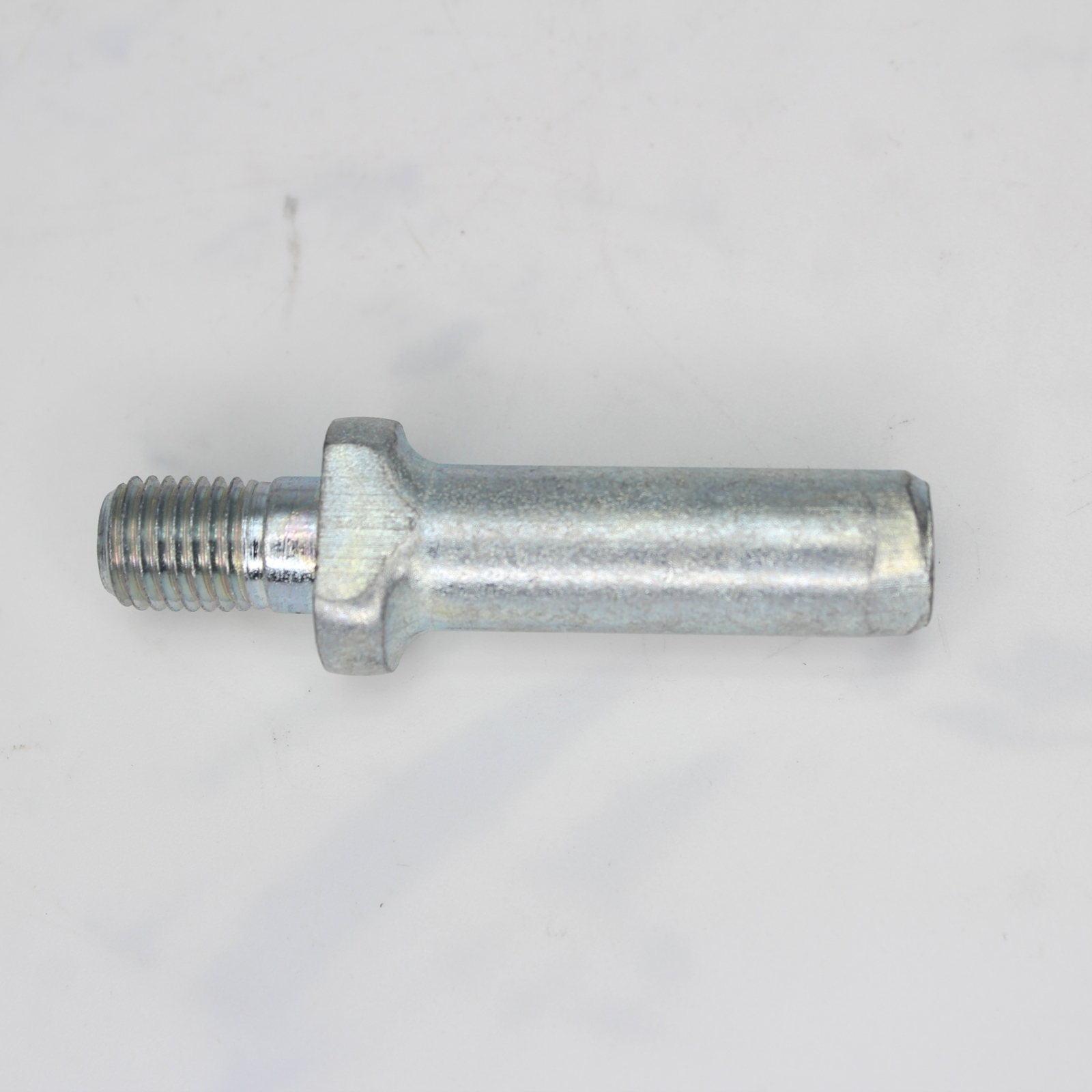 Metal bolt lying horizontally with threaded left end and smooth cylindrical right shaft against a light background.