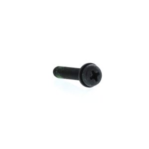 Black screw with a Phillips (cross) head and threaded shaft on a white background, photographed close-up.