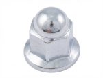 Ball-ended chrome lug nut for a wheel, mounted on a washer-like base side view.