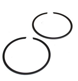 Two black metal split rings with small gaps on a white background.