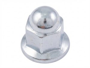 Ball-ended chrome lug nut for a wheel, mounted on a washer-like base side view.