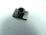 Small metal threaded insert on a square rainbow-colored base plate against a white background.