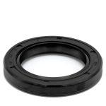 Close-up of a black circular mounting ring with notches on a white background, viewed from above.