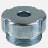 Metal flange nut with a central hole and external threads, used to secure a pipe or fixture in plumbing or hardware assemblies.