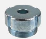 Metal flange nut with a central hole and external threads, used to secure a pipe or fixture in plumbing or hardware assemblies.