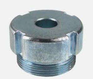Metal flange nut with a central hole and external threads, used to secure a pipe or fixture in plumbing or hardware assemblies.