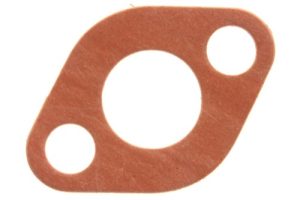 Red-brown gasket with one large central hole and two smaller holes, irregular rounded shape.