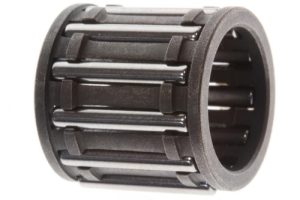 Cylindrical roller bearing with parallel steel rollers in a dark cage