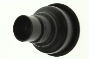 Close-up of a black cylindrical eyepiece or optical tube against a pale background, shown in profile